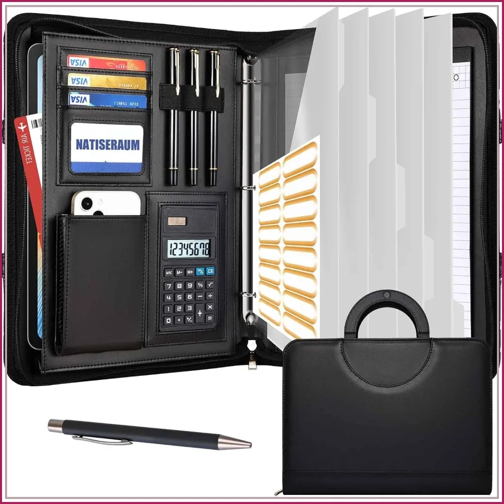 3 Ring Portfolio Binder with Pen, 5 Dividers & 10 Pockets, Padfolio Organizer with Magnetic Handle, Includes A4 Notepad for Business
3 Ring Portfolio Binder with Pen, 5 Dividers & 10 Pockets, Padfolio Organizer with Magnetic Handle, Includes A4 Notepad for Business