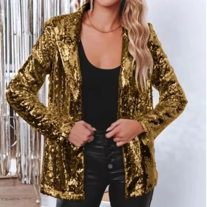 Women Golden Sequins Casual Long Sleeve Glitter Shiny Lapel Party Coat Outerwear Temperament Streetwear Autumn Spring Outwears
Women Golden Sequins Casual Long Sleeve Glitter Shiny Lapel Party Coat Outerwear Temperament Streetwear Autumn Spring Outwears