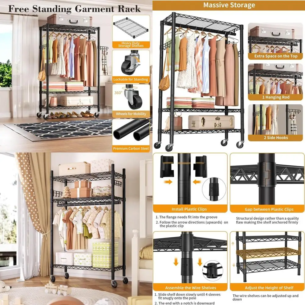 Adjustable 3-Tier Rolling Garment Rack with Hanger Rod and Side Hooks, Portable Metal Closet Storage
Adjustable 3-Tier Rolling Garment Rack with Hanger Rod and Side Hooks, Portable Metal Closet Storage