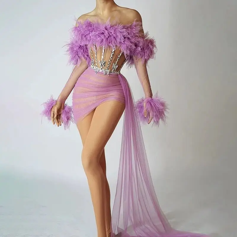 Summer Sparkly Rhinestone Violet Transparent Lace Evening Dress Wedding Celebrate Costume Female Birthday Dancer Singer Dress 
Summer Sparkly Rhinestone Violet Transparent Lace Evening Dress Wedding Celebrate Costume Female Birthday Dancer Singer Dress