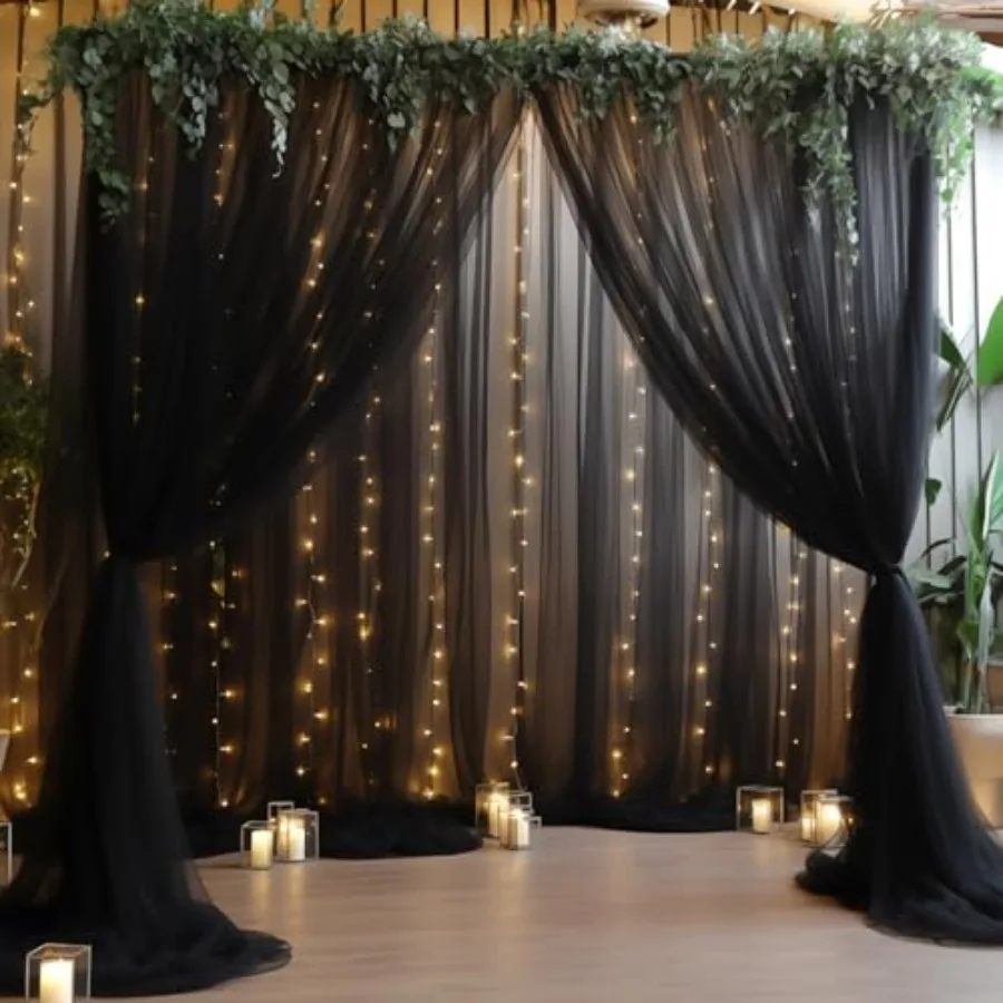 Party photo backdrop: 20×10ft black tulle curtain with integrated string lights, sheer fabric for wedding, event, and photograp
Party photo backdrop: 20×10ft black tulle curtain with integrated string lights, sheer fabric for wedding, event, and photograp