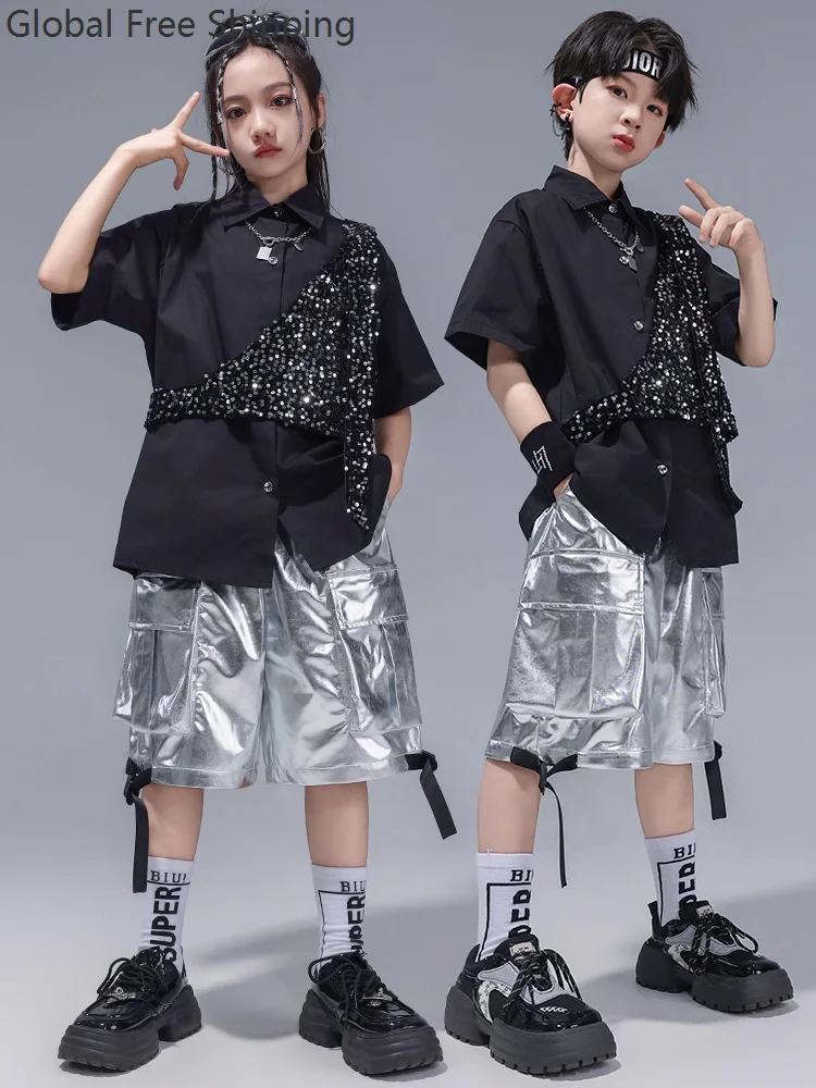 Boys' Hip-hop Dance Outfit: Black Shirt Silver Shorts For Street Dance Stage Performance Girls' Group Jazz Dance Costume Set
Boys' Hip-hop Dance Outfit: Black Shirt Silver Shorts For Street Dance Stage Performance Girls' Group Jazz Dance Costume Set