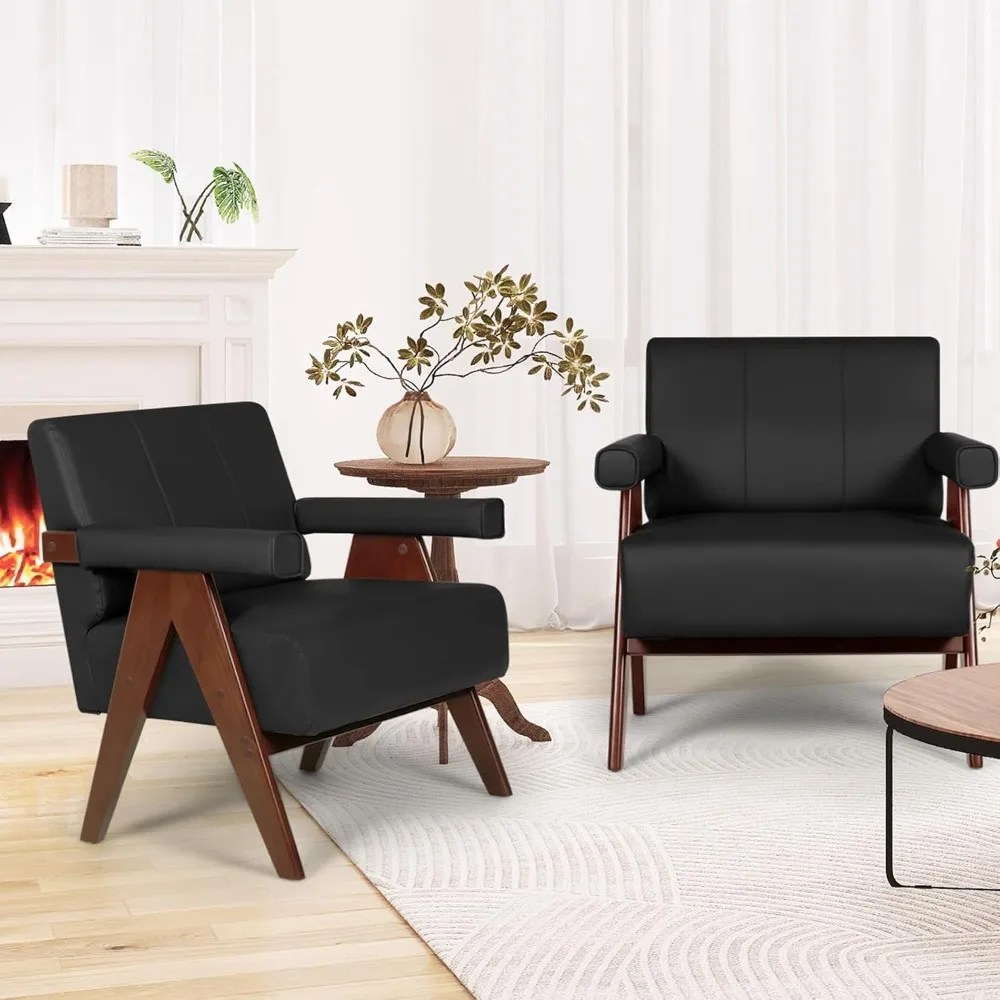 Mid Century Modern Chairs Set of 2 Black Leather Accent Chair Wood Arms with Soft Bag Living Room Chairs with Thick Cushion
Mid Century Modern Chairs Set of 2 Black Leather Accent Chair Wood Arms with Soft Bag Living Room Chairs with Thick Cushion