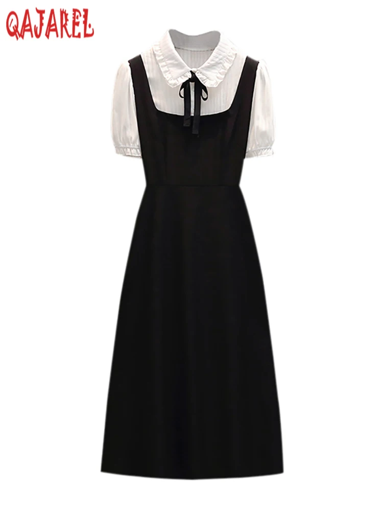 2024 Black Patchowrk Fake Two Piece Midi Dress Summer Short Sleeve Chic Bow Polo Collar Dress Women Elegant Preppy Style Dresses
2024 Black Patchowrk Fake Two Piece Midi Dress Summer Short Sleeve Chic Bow Polo Collar Dress Women Elegant Preppy Style Dresses