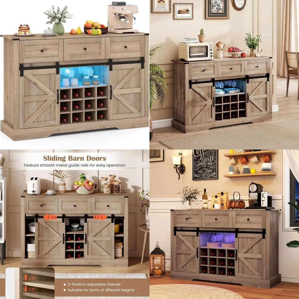 Винный шкаф-бар со светодиодной подсветкой, 52-дюймовый буфет-сервант с раздвижной дверцей, 3 ящика, регулируемая полка, винная стойка на 12 бутылок и гл
Винный шкаф-бар со светодиодной подсветкой, 52-дюймовый буфет-сервант с раздвижной дверцей, 3 ящика, регулируемая полка, винная стойка на 12 бутылок и гл