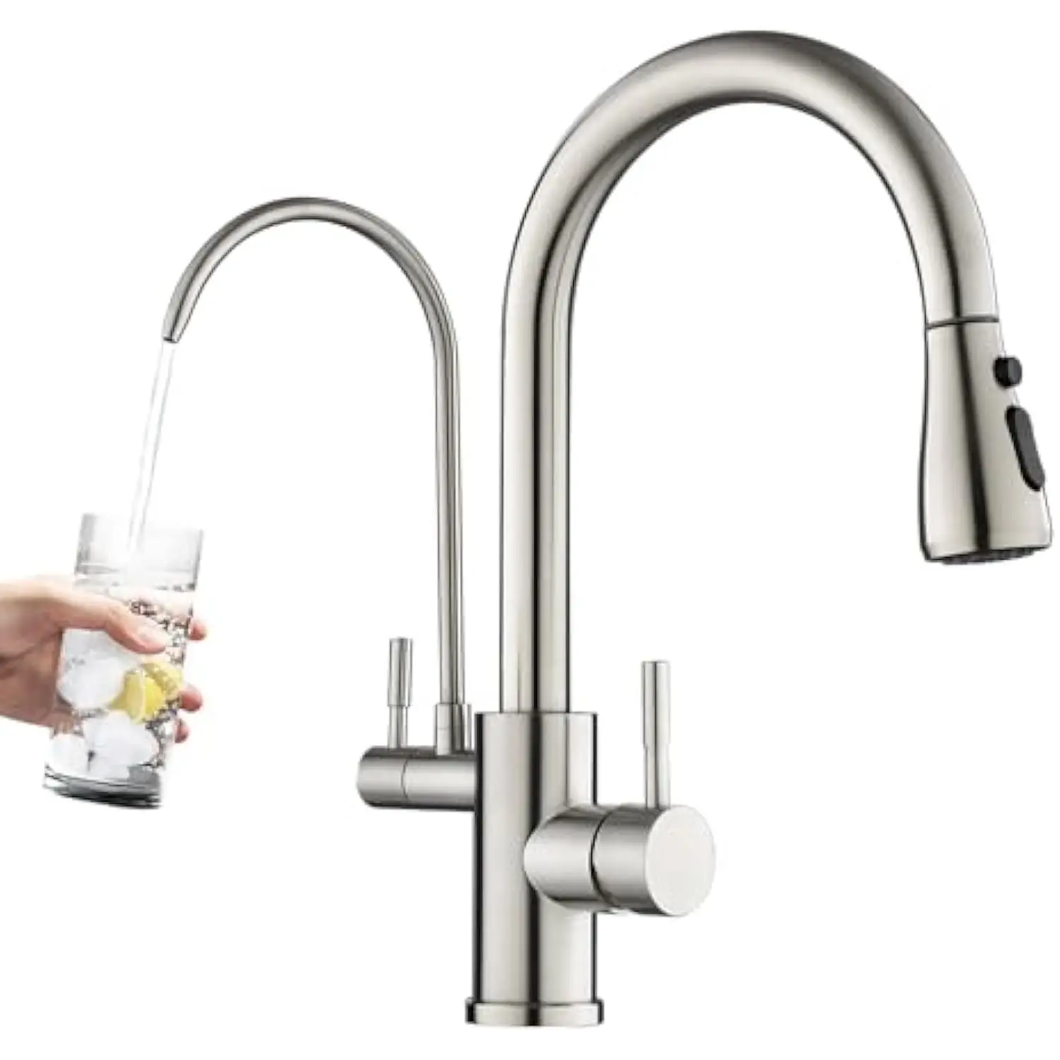 Kitchen Sink Faucet with Pull down Sprayer and Drinking Water Faucet, Dual Handle Single Hole High Arc Faucet with Filtered Wa
Kitchen Sink Faucet with Pull down Sprayer and Drinking Water Faucet, Dual Handle Single Hole High Arc Faucet with Filtered Wa