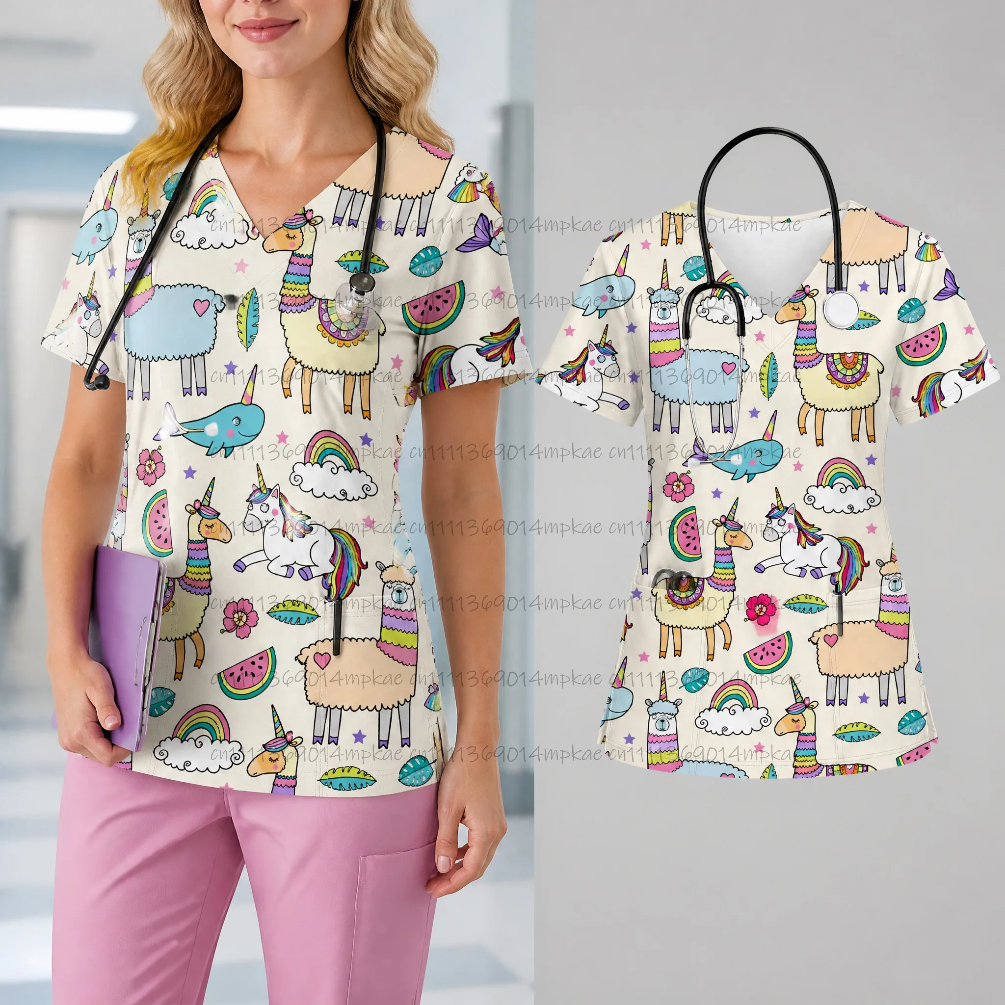 New Summer Women's V-neck Pocket Short-sleeved Frosted T-shirt with Print, Suitable for Beauty Salon and Medical Care Fees.
New Summer Women's V-neck Pocket Short-sleeved Frosted T-shirt with Print, Suitable for Beauty Salon and Medical Care Fees.