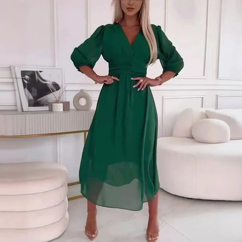 Sexy V Neck Solid Chiffon Long Dress Women Spring Elegant High-waisted Slim Party Dress Autumn 3/4 Sleeve A-Line Bohemian Dress
Sexy V Neck Solid Chiffon Long Dress Women Spring Elegant High-waisted Slim Party Dress Autumn 3/4 Sleeve A-Line Bohemian Dress
