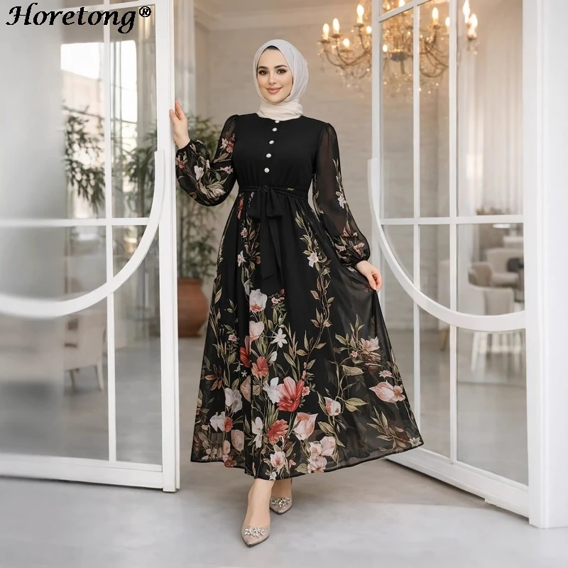 Chiffon Floral Print Patchwork Muslim Abaya S-3XL Horetong 2026 Round Neck Pearl Button Belted Lantern Sleeve Modest Maxi Dress
Chiffon Floral Print Patchwork Muslim Abaya S-3XL Horetong 2026 Round Neck Pearl Button Belted Lantern Sleeve Modest Maxi Dress