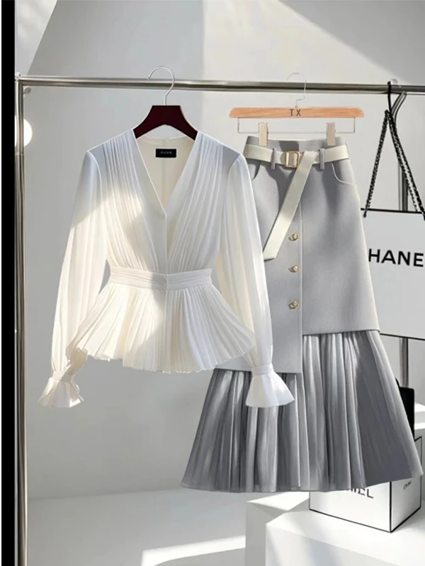 Spring Summer Fashionable Women's Two-Piece Set White Shirt Grey Skirt High Waist Elegant Style 2025 New Arrival
Spring Summer Fashionable Women's Two-Piece Set White Shirt Grey Skirt High Waist Elegant Style 2025 New Arrival