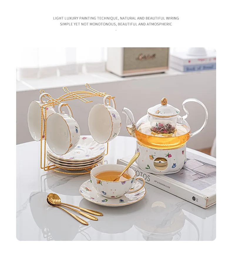 floral tea set - ceramic transparent glass teapot, cups, and saucers
floral tea set - ceramic transparent glass teapot, cups, and saucers