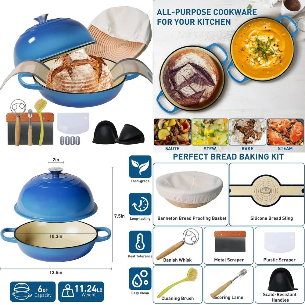 Cast Iron Bread Oven for Baking, 6QT Multi-Functional Dutch Oven Pot with Lid, Include Proofing Basket, Silicone Sling & Dough W
Cast Iron Bread Oven for Baking, 6QT Multi-Functional Dutch Oven Pot with Lid, Include Proofing Basket, Silicone Sling & Dough W