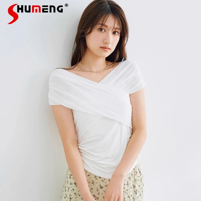Japanese Rojita Style Mesh Ruched Cross Design V-Neck Tshirts Versatile Elegant Short Sleeved Stretch Slim Fit T-shirt Pullovers
Japanese Rojita Style Mesh Ruched Cross Design V-Neck Tshirts Versatile Elegant Short Sleeved Stretch Slim Fit T-shirt Pullovers