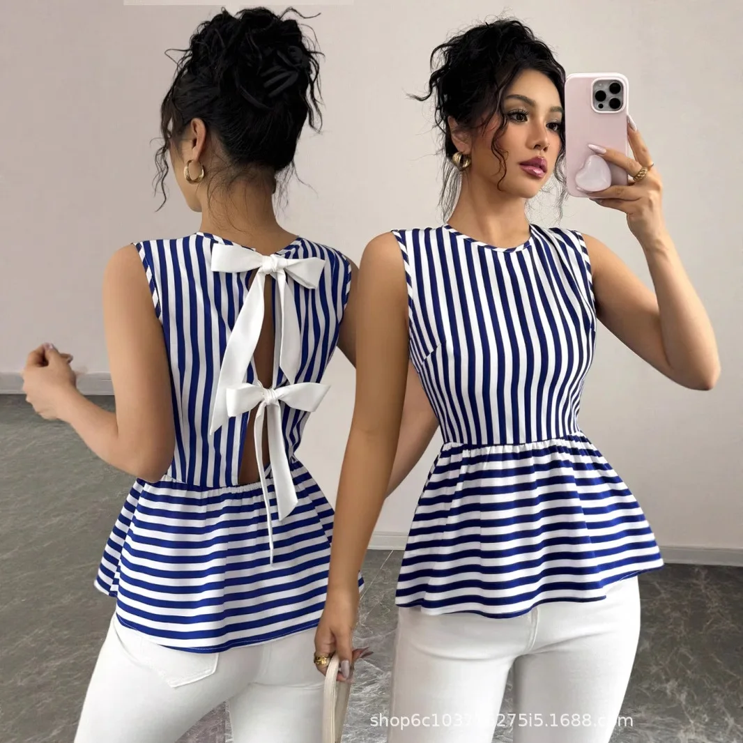Women's 2026 Elegant Round Neck Sleeveless Striped Top With Back Bow, Waist-cinching, And Ruffle Hem, Versatile Top Boho
Women's 2026 Elegant Round Neck Sleeveless Striped Top With Back Bow, Waist-cinching, And Ruffle Hem, Versatile Top Boho