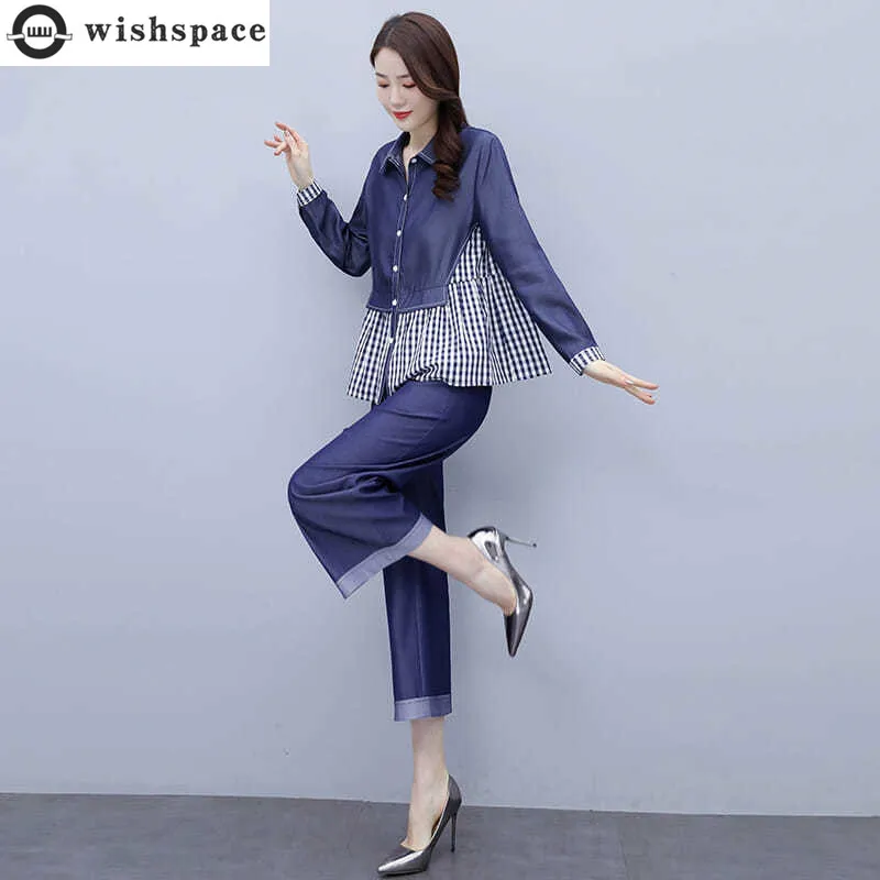 Korean Popular Check Imitation Denim Chiffon Shirt Top Casual Wide Leg Trousers Two-piece Elegant Women's Pants Set Tracksuit
Korean Popular Check Imitation Denim Chiffon Shirt Top Casual Wide Leg Trousers Two-piece Elegant Women's Pants Set Tracksuit