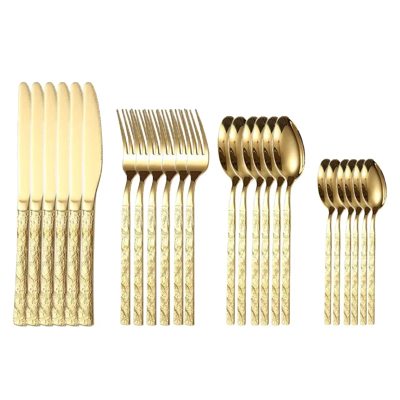 24pcs Stainless Steel Gold Cutlery Set Stone Grain Handle Knives Fork Tea Spoons Tableware Dinnerware Silverware Dishwasher Safe
24pcs Stainless Steel Gold Cutlery Set Stone Grain Handle Knives Fork Tea Spoons Tableware Dinnerware Silverware Dishwasher Safe