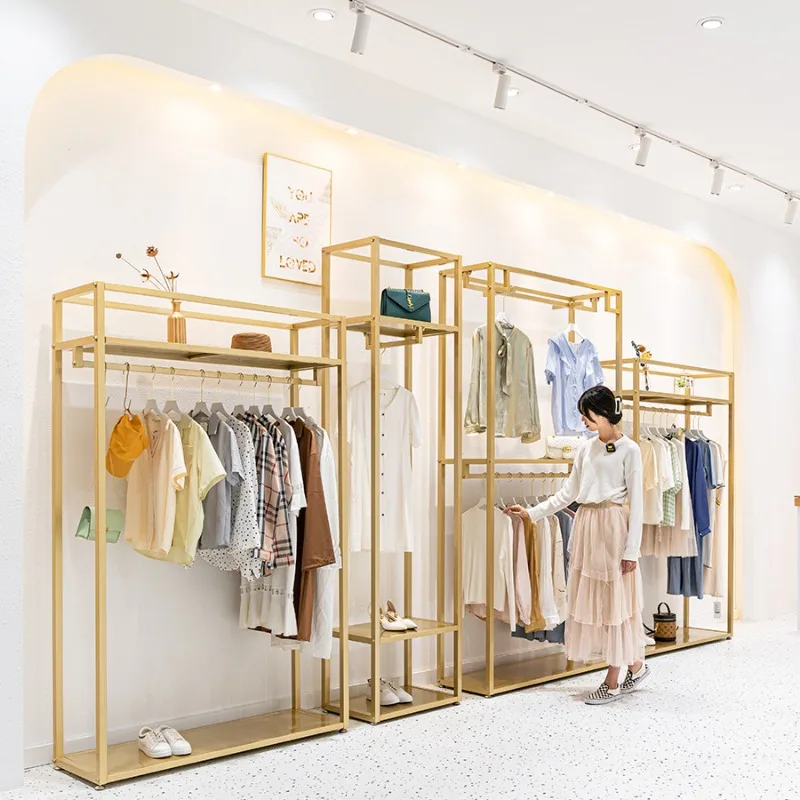 Special display shelves for women's clothing stores, clothes shelves, gold hangers, double-layer racks
Special display shelves for women's clothing stores, clothes shelves, gold hangers, double-layer racks