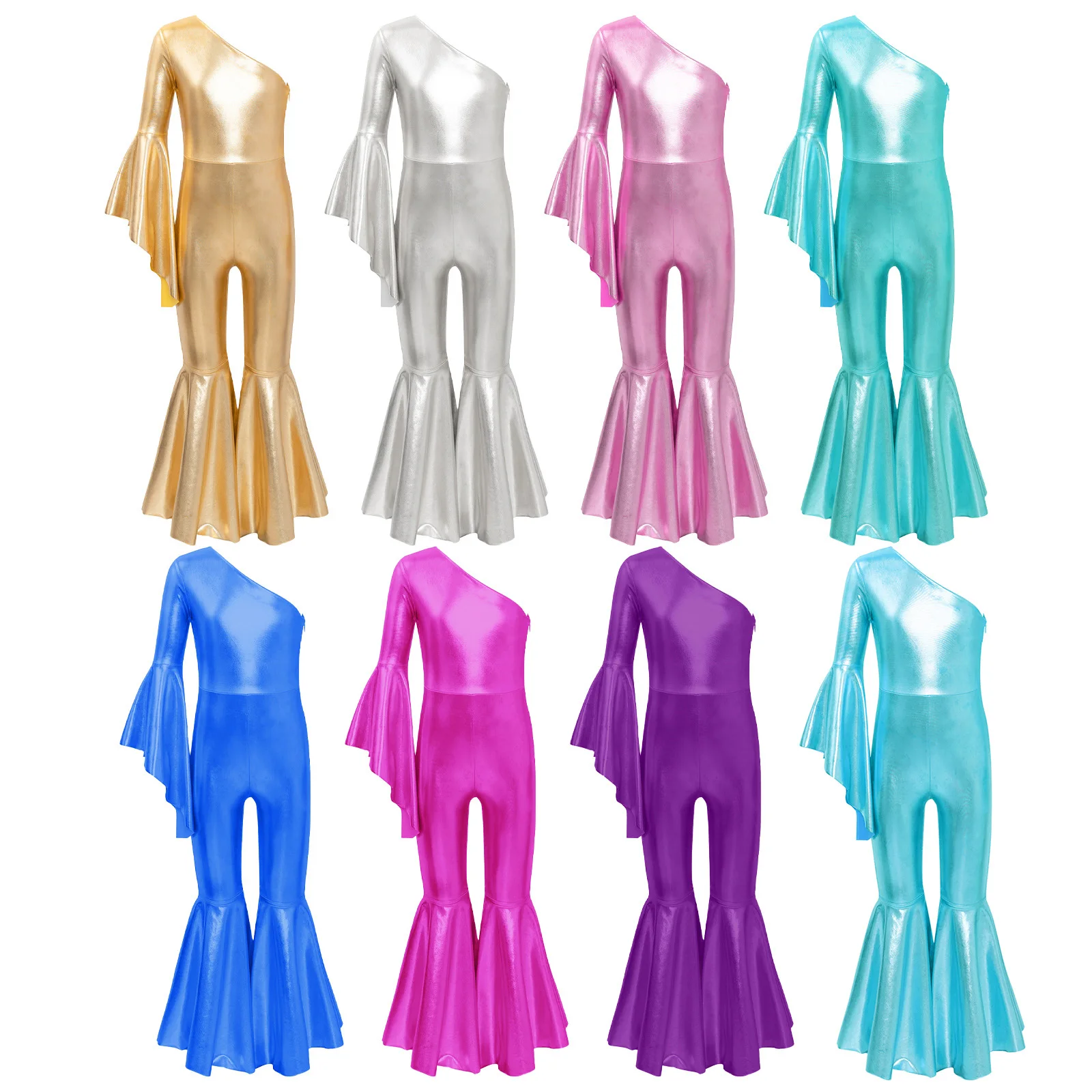 Girls Shiny Metallic Bell-Bottom Cheerleading Hip-hop Jazz Dance Costume One Shoulder Flare Sleeve Bodysuit Jumpsuit Dancewear
Girls Shiny Metallic Bell-Bottom Cheerleading Hip-hop Jazz Dance Costume One Shoulder Flare Sleeve Bodysuit Jumpsuit Dancewear