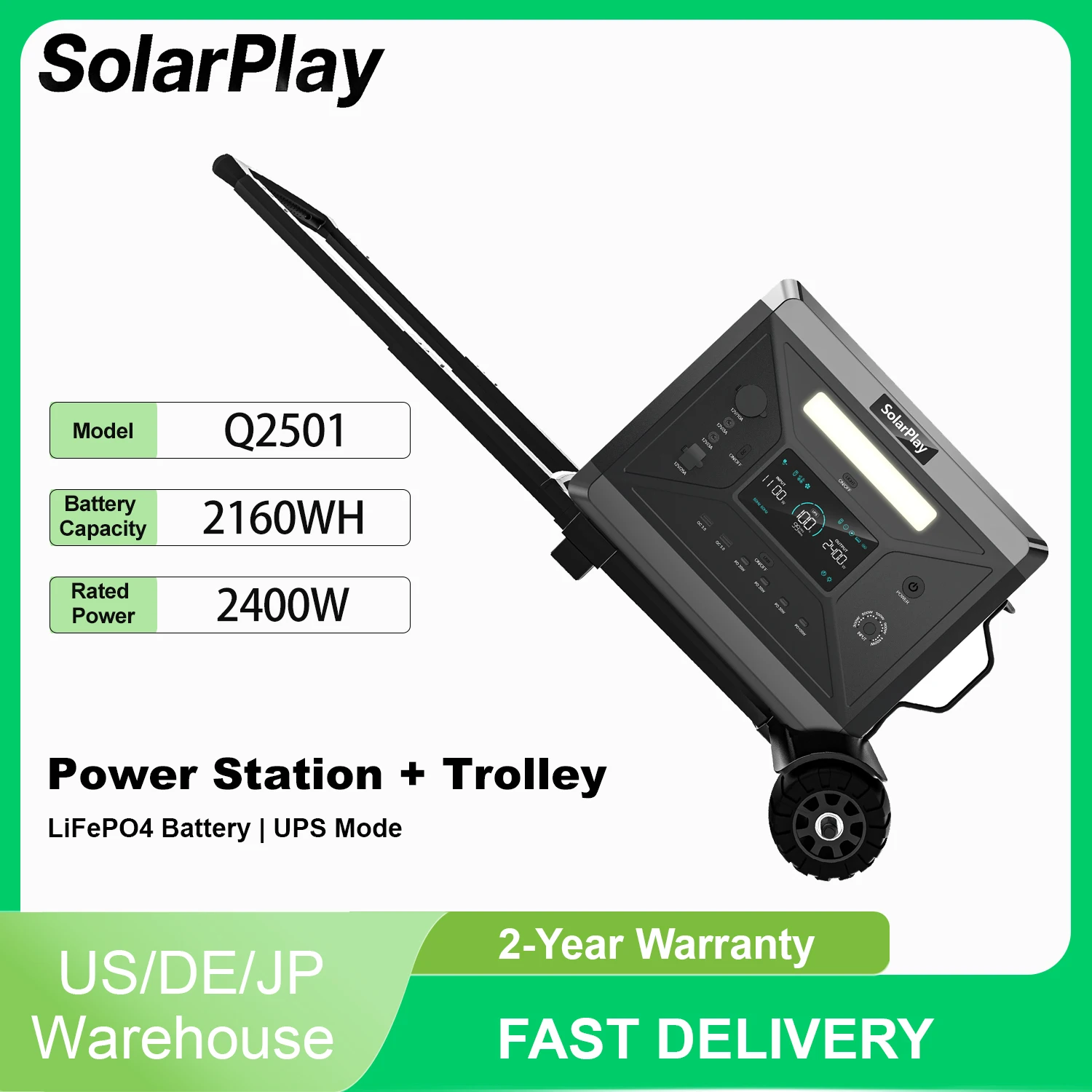 SOLARPLAY Q2501 Power Stations Portable Rechargeable 2400W Lifepo4 Batteries UPS Function with Hand Trolley Camping Equipment
SOLARPLAY Q2501 Power Stations Portable Rechargeable 2400W Lifepo4 Batteries UPS Function with Hand Trolley Camping Equipment