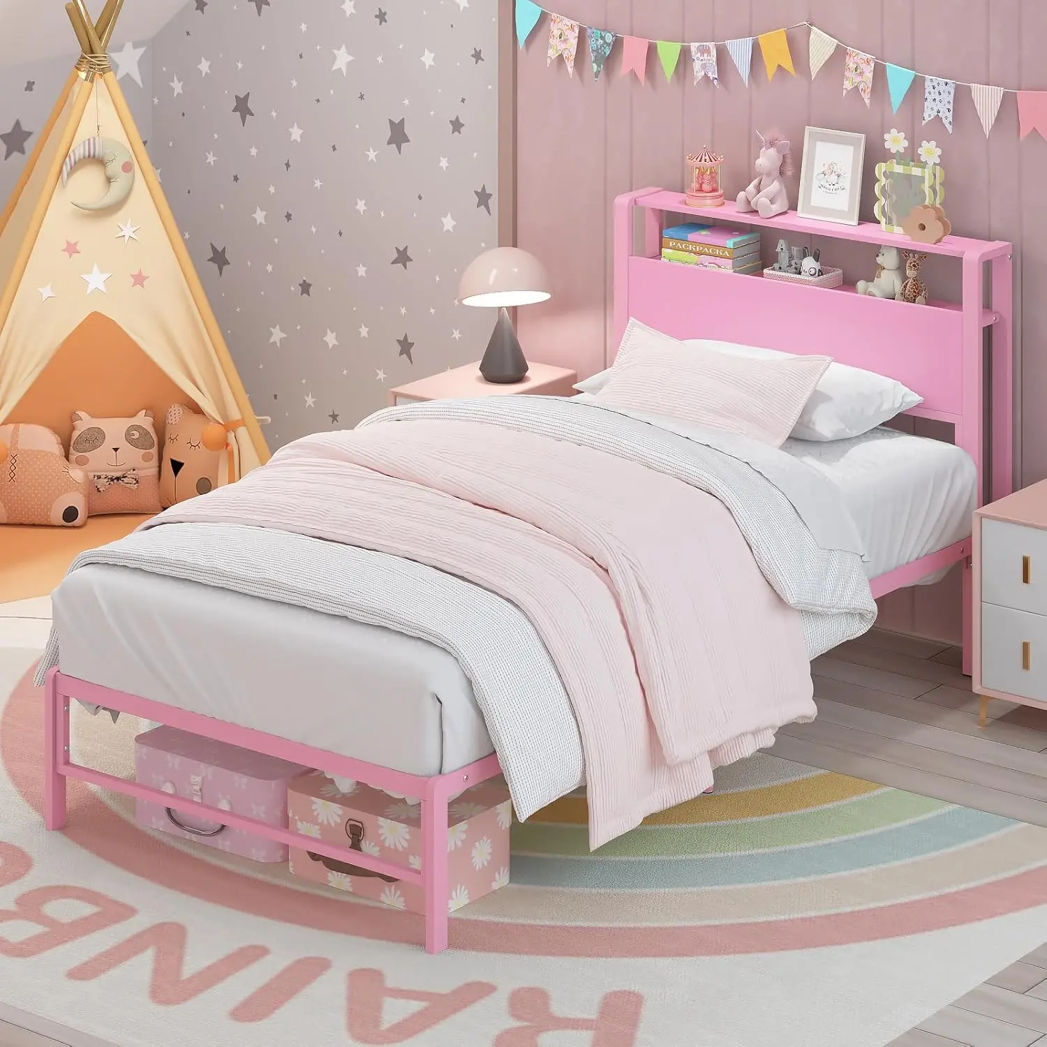 Twin Bed Frame with Wood Storage Shelves, No Box Spring Needed, Easy Assembly for Kids and Adults in Pink
Twin Bed Frame with Wood Storage Shelves, No Box Spring Needed, Easy Assembly for Kids and Adults in Pink