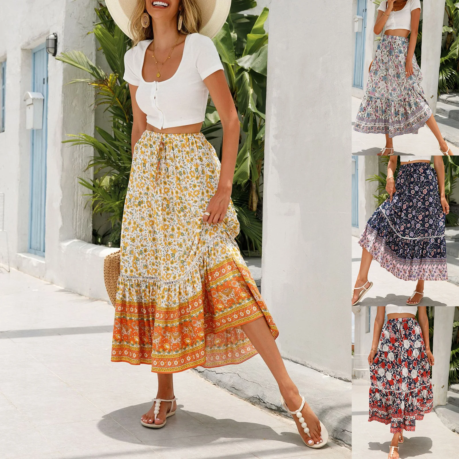 Women Bohemian Long Skirt Elegant Elastic Waist Floral Flowy Summer Casual Swing Skirt for Holiday
Women Bohemian Long Skirt Elegant Elastic Waist Floral Flowy Summer Casual Swing Skirt for Holiday