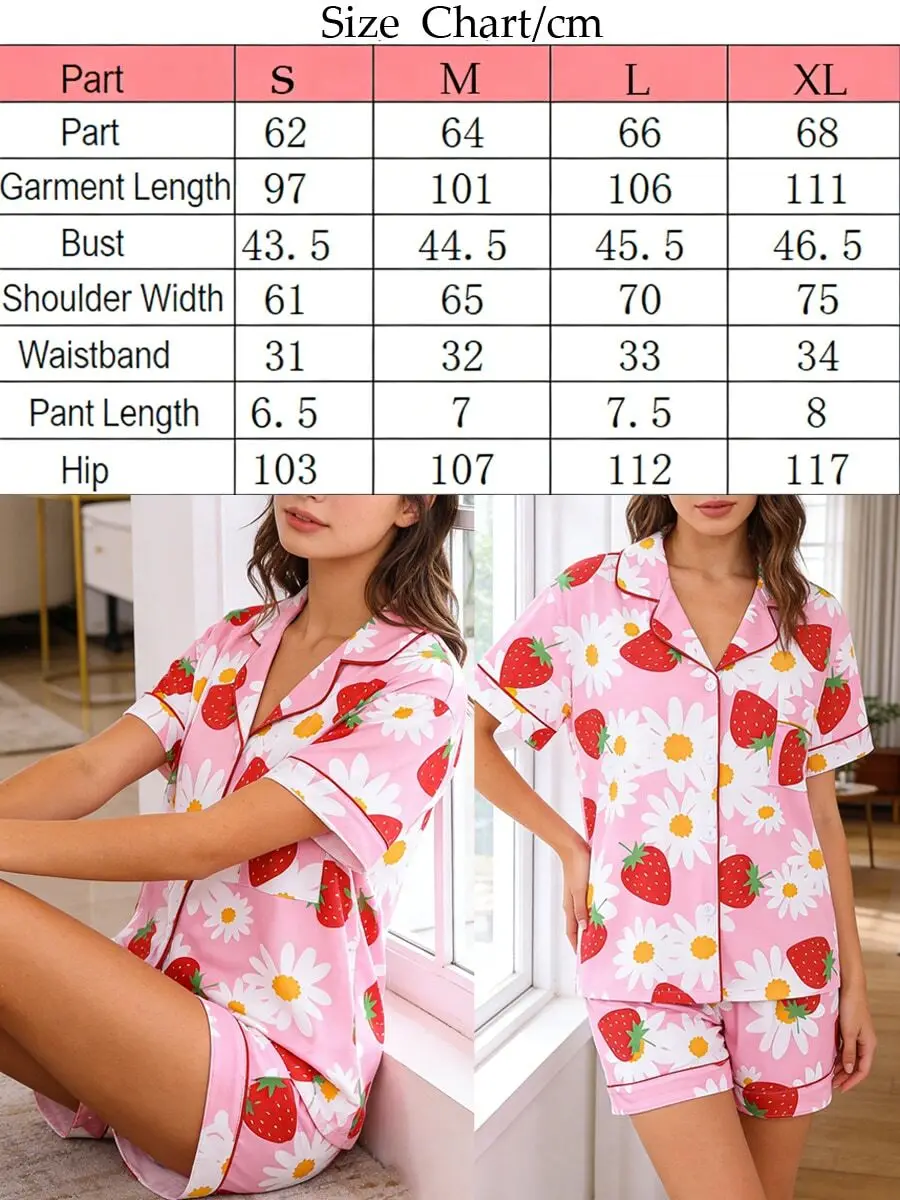 Womens Strawberry Daisy Print Pajama Set Collar Top Loose Shorts Soft Breathable Sleepwear
Womens Strawberry Daisy Print Pajama Set Collar Top Loose Shorts Soft Breathable Sleepwear