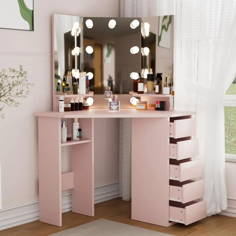 Likein Corner Vanity Desk with Drawers and Mirror, Corner Makeup Vanity with Mirror and Lights, Small Bedroom Vanity Table
Likein Corner Vanity Desk with Drawers and Mirror, Corner Makeup Vanity with Mirror and Lights, Small Bedroom Vanity Table