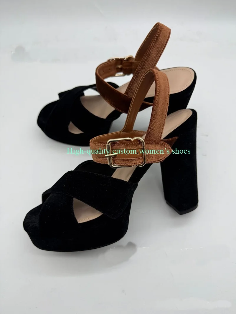 Velvet Fabric Broadband Cross Cutout Women's High-Heels Platform Sole Chunky Heels Ankle Buckle High Heel Luxury Sandals
Velvet Fabric Broadband Cross Cutout Women's High-Heels Platform Sole Chunky Heels Ankle Buckle High Heel Luxury Sandals