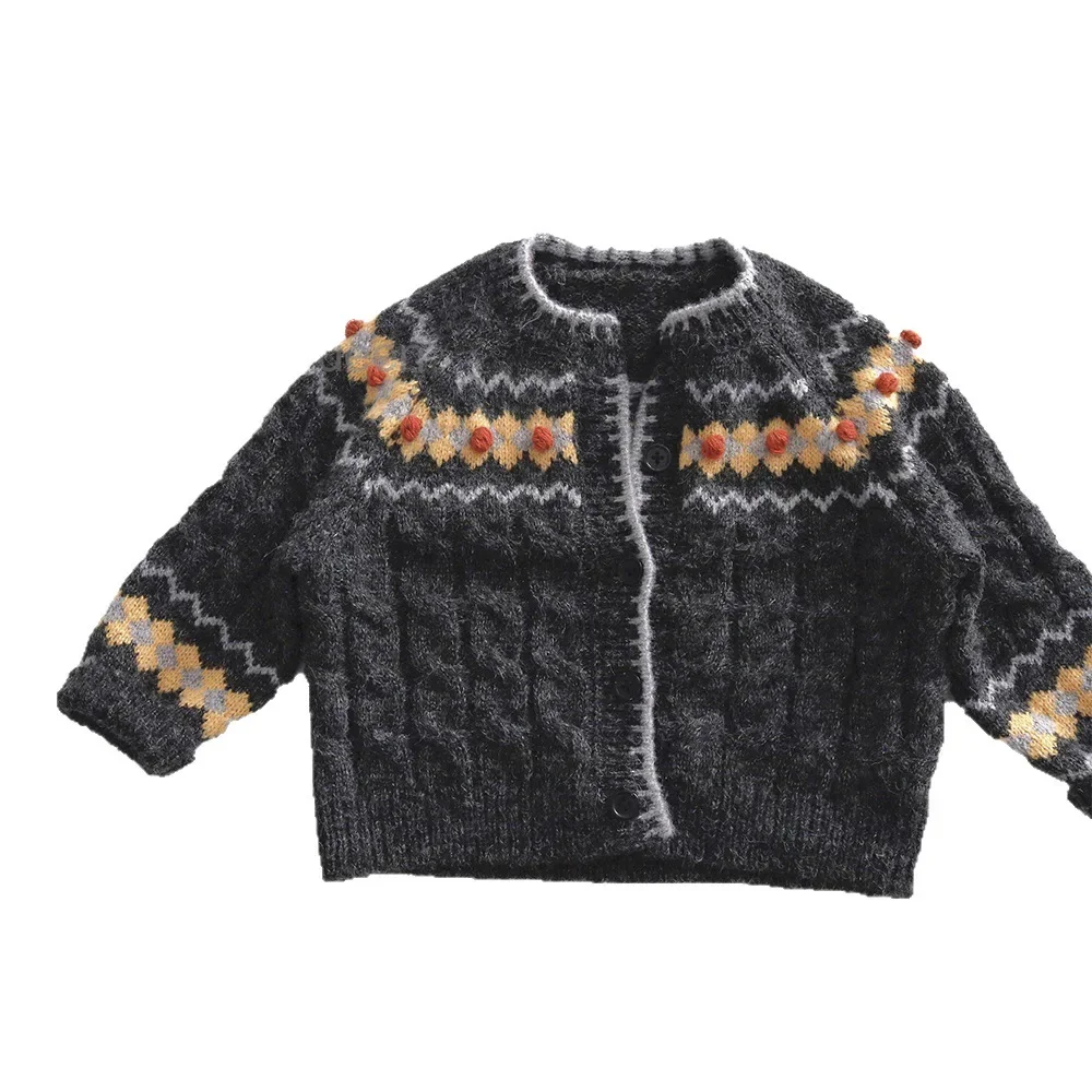 Vintage Folk Pattern Kids Cardigan Cable Knit Autumn Winter Japanese Style Sweater Coat for 1-6Y with Pom-Pom Details
Vintage Folk Pattern Kids Cardigan Cable Knit Autumn Winter Japanese Style Sweater Coat for 1-6Y with Pom-Pom Details