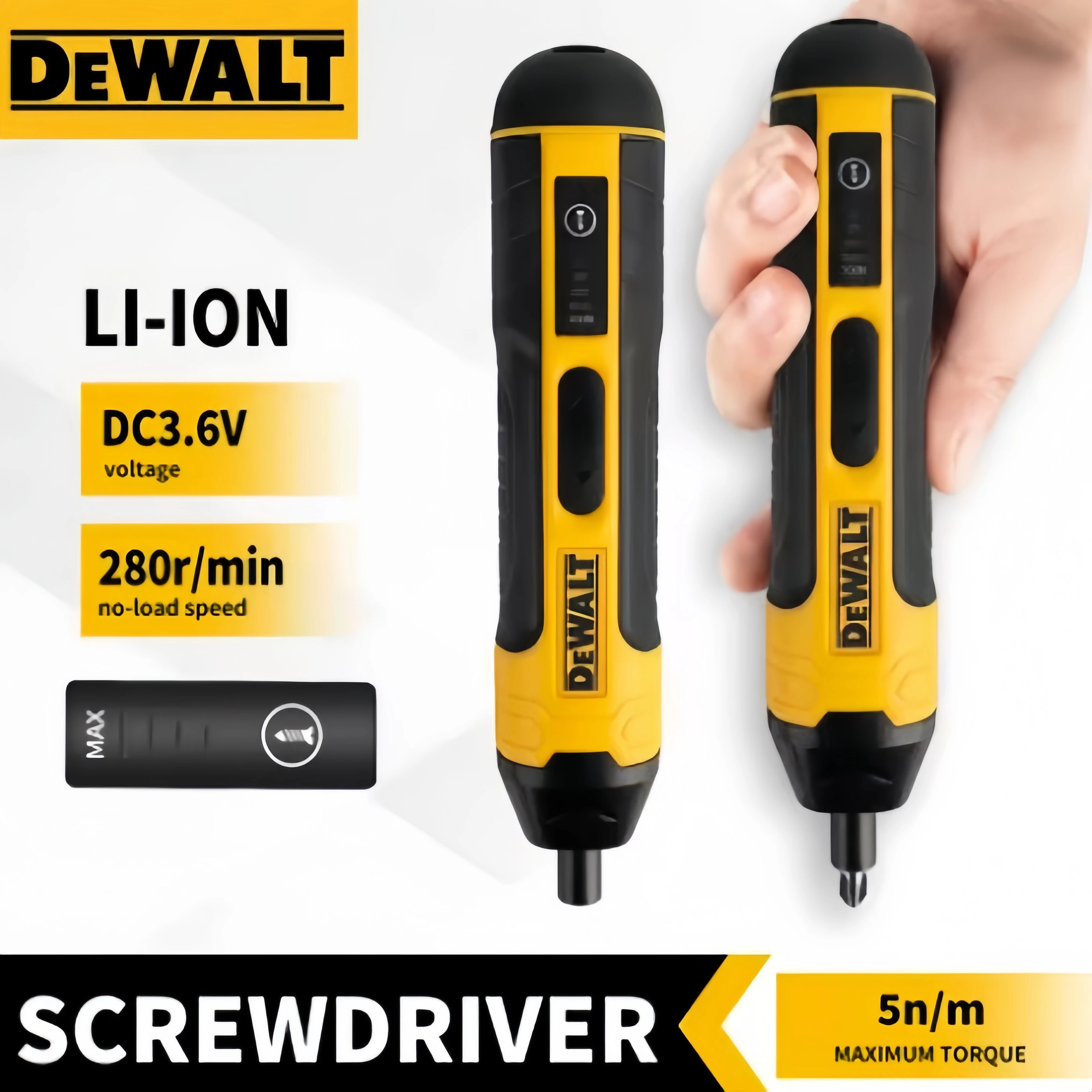 DEWALT 3.6V Cordless Electric Screwdriver 5N.m Torque 1/4" Hex Chuck 1300mAh Li-ion Battery For Home DIY Repair Use
DEWALT 3.6V Cordless Electric Screwdriver 5N.m Torque 1/4" Hex Chuck 1300mAh Li-ion Battery For Home DIY Repair Use