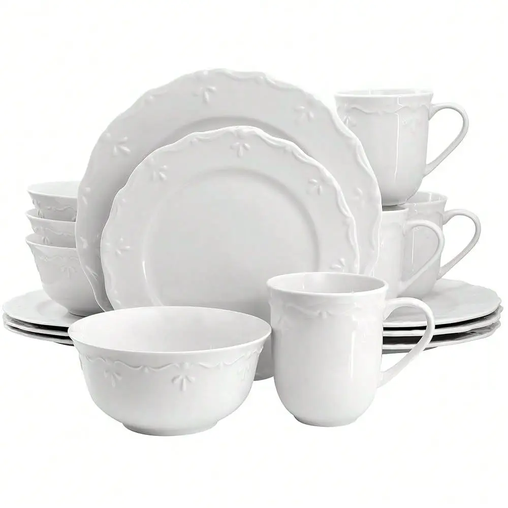 16 Piece Embossed Rim Detail Porcelain White Dinnerware Set, Tableware Set, Serveware 16 Piece
16 Piece Embossed Rim Detail Porcelain White Dinnerware Set, Tableware Set, Serveware 16 Piece