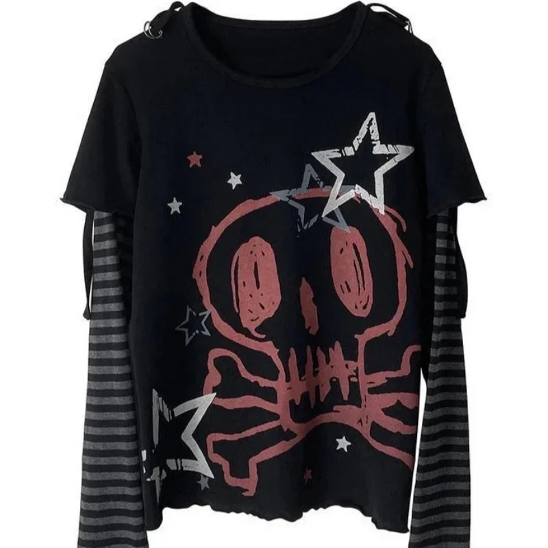 Gothic punk T-shirt 2025 autumn Fake Two Piece Harajuku Top Women's Y2K Punk Graphic Long Sleeve Oversized Casual T Shirt
Gothic punk T-shirt 2025 autumn Fake Two Piece Harajuku Top Women's Y2K Punk Graphic Long Sleeve Oversized Casual T Shirt