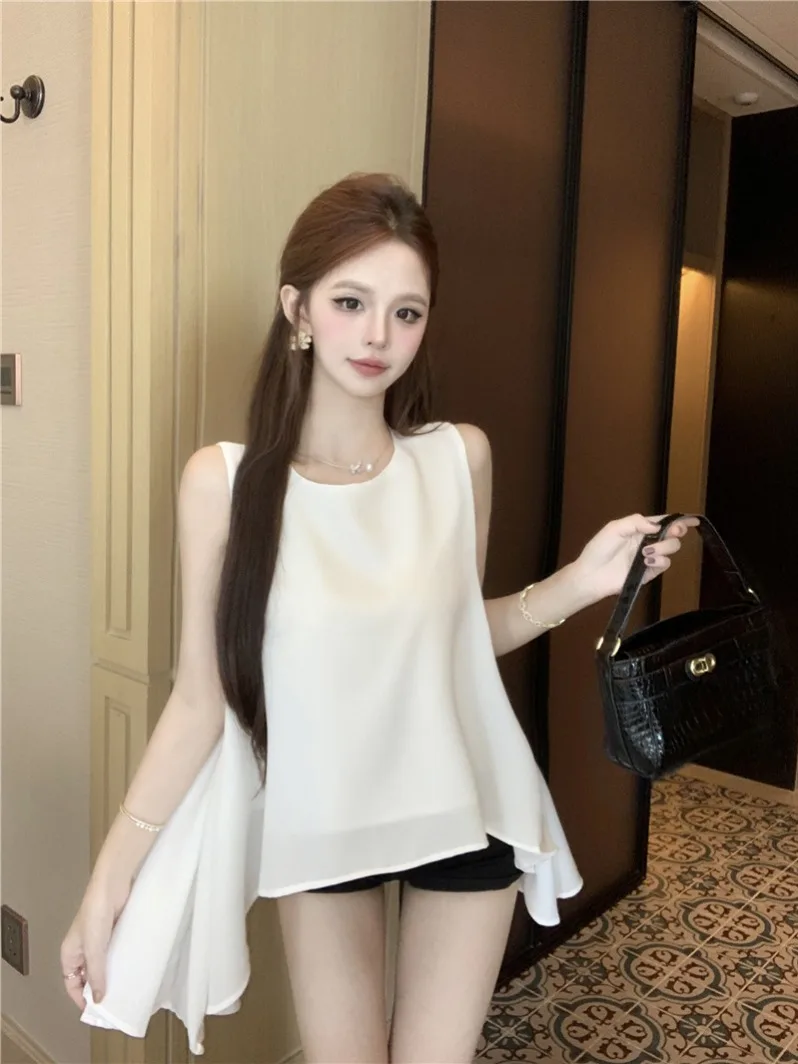 Elegant Vintage Summer T-Shirt Women's Asymmetrical Tailor Vest Top Korean Loose Fit round Neck Sleeveless Fashionable
Elegant Vintage Summer T-Shirt Women's Asymmetrical Tailor Vest Top Korean Loose Fit round Neck Sleeveless Fashionable