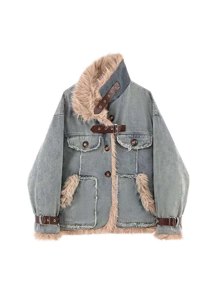 Retro Denim Lamb Fur Cotton Jaet Women's Winter New Sle High Sensation Loose Thiened Splicing Fluffy Cotton Coat Outerwear
Retro Denim Lamb Fur Cotton Jaet Women's Winter New Sle High Sensation Loose Thiened Splicing Fluffy Cotton Coat Outerwear