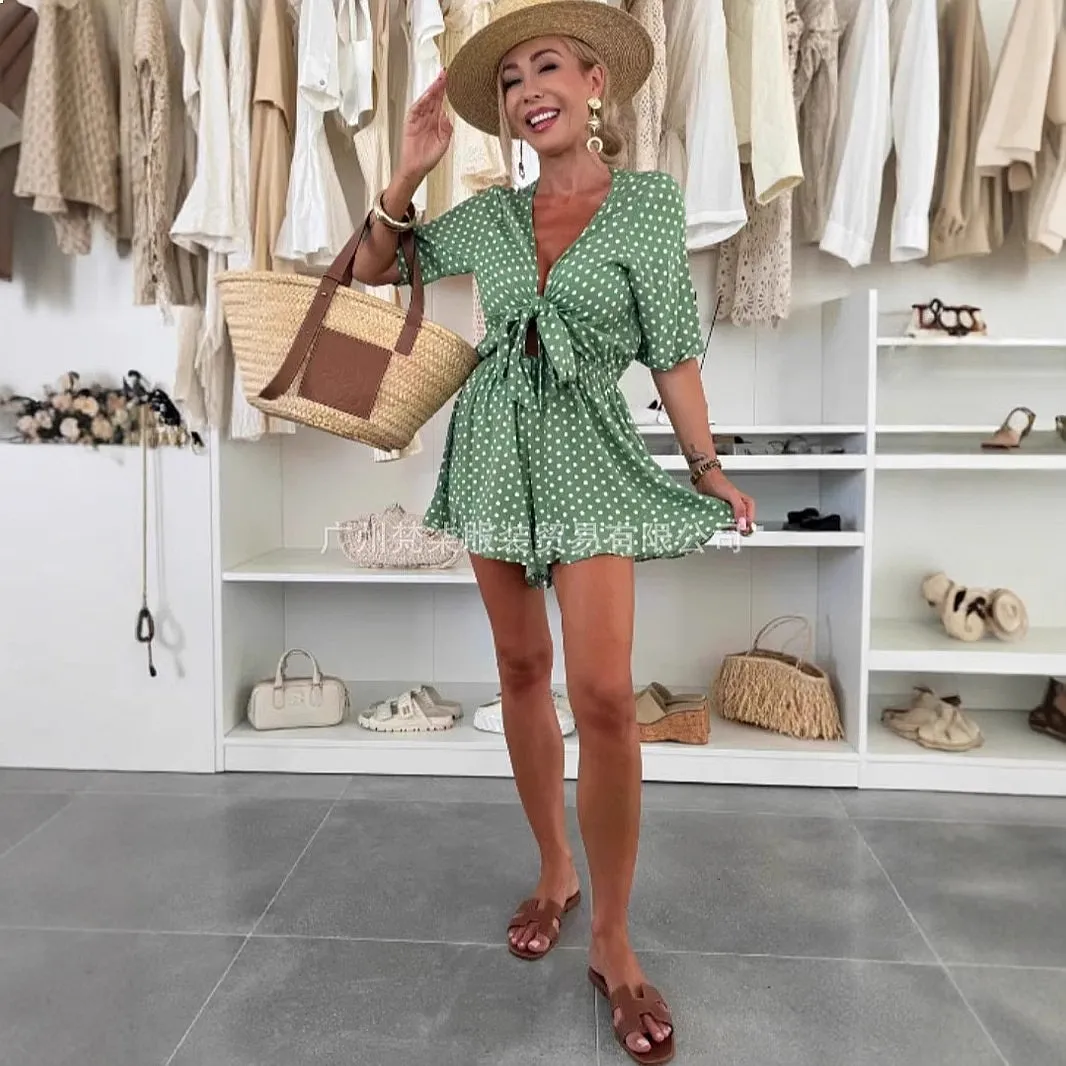 Fashion Polka Dot V Neck Short Sleeve Bow Tie Jumpsuit, Casual Printed Overall Playsuit for Spring Summer
Fashion Polka Dot V Neck Short Sleeve Bow Tie Jumpsuit, Casual Printed Overall Playsuit for Spring Summer