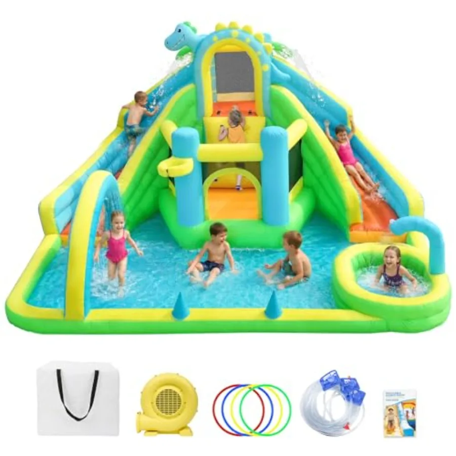Backyard water park bounce house for kids: inflatable dinosaur-themed water slide with double slides, climbing wall, splash poo
Backyard water park bounce house for kids: inflatable dinosaur-themed water slide with double slides, climbing wall, splash poo