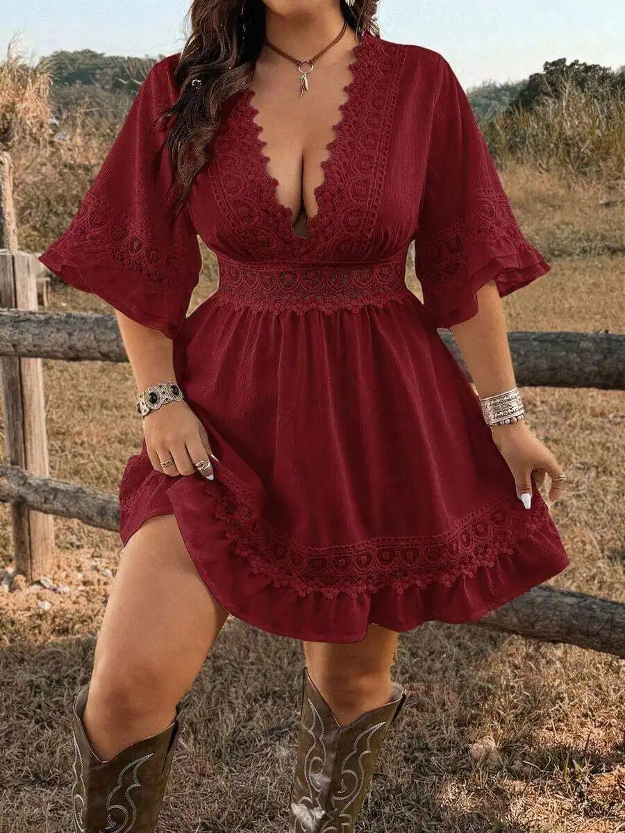 Plus Size Womens Burgundy V-Neck Lace Hollow Waist A-Line Casual Dress
Plus Size Womens Burgundy V-Neck Lace Hollow Waist A-Line Casual Dress