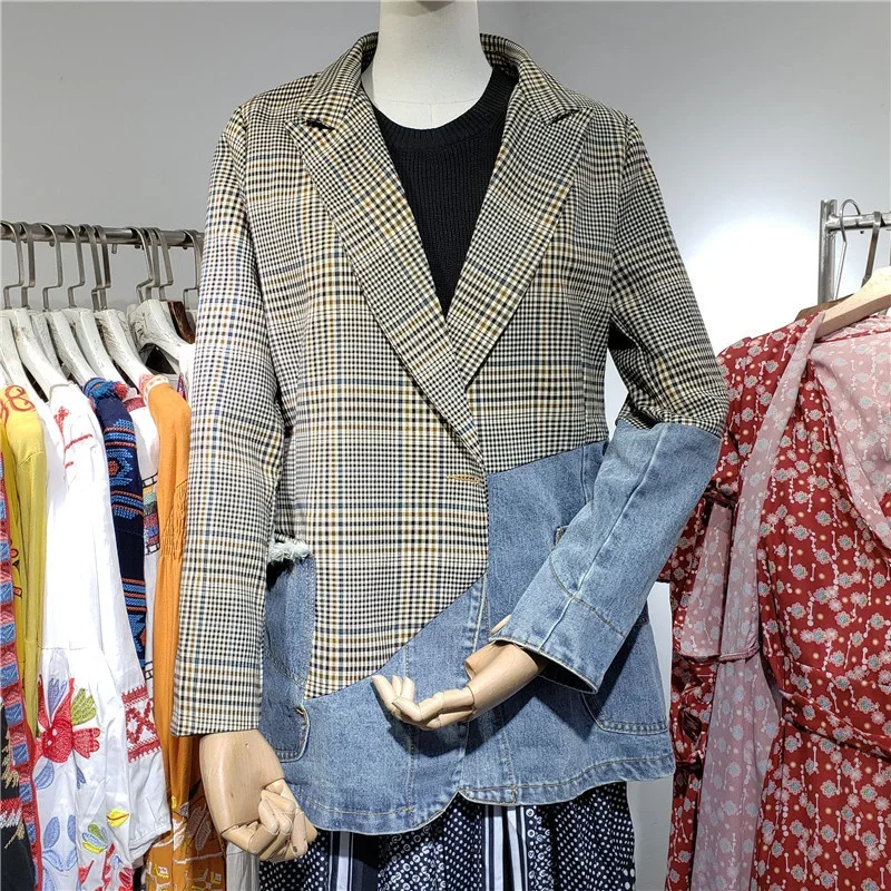 Irregular Plaid Suit Collar Splicing Denim Jacket Women Loose Mid Long Outerwear Patchwork Big Pocket Jeans Jacket Coat Female
Irregular Plaid Suit Collar Splicing Denim Jacket Women Loose Mid Long Outerwear Patchwork Big Pocket Jeans Jacket Coat Female