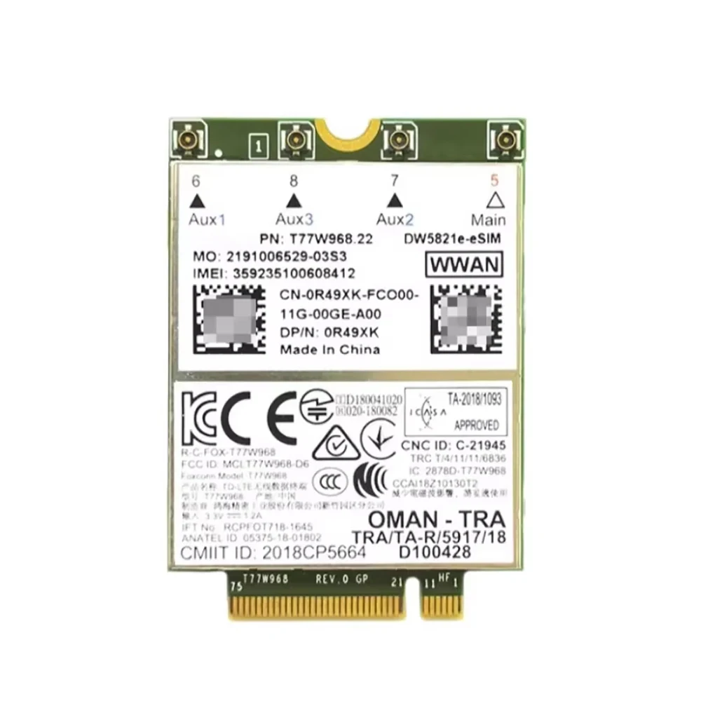 Модуль T77W968 DW5821e-eSIM LTE Cat16 M.2, карта 4G WWAN для ноутбуков Latitude 9420, 9510, 7300, 7400, 7540, 5420, 5424, 7200, 7740, 7750
Модуль T77W968 DW5821e-eSIM LTE Cat16 M.2, карта 4G WWAN для ноутбуков Latitude 9420, 9510, 7300, 7400, 7540, 5420, 5424, 7200, 7740, 7750