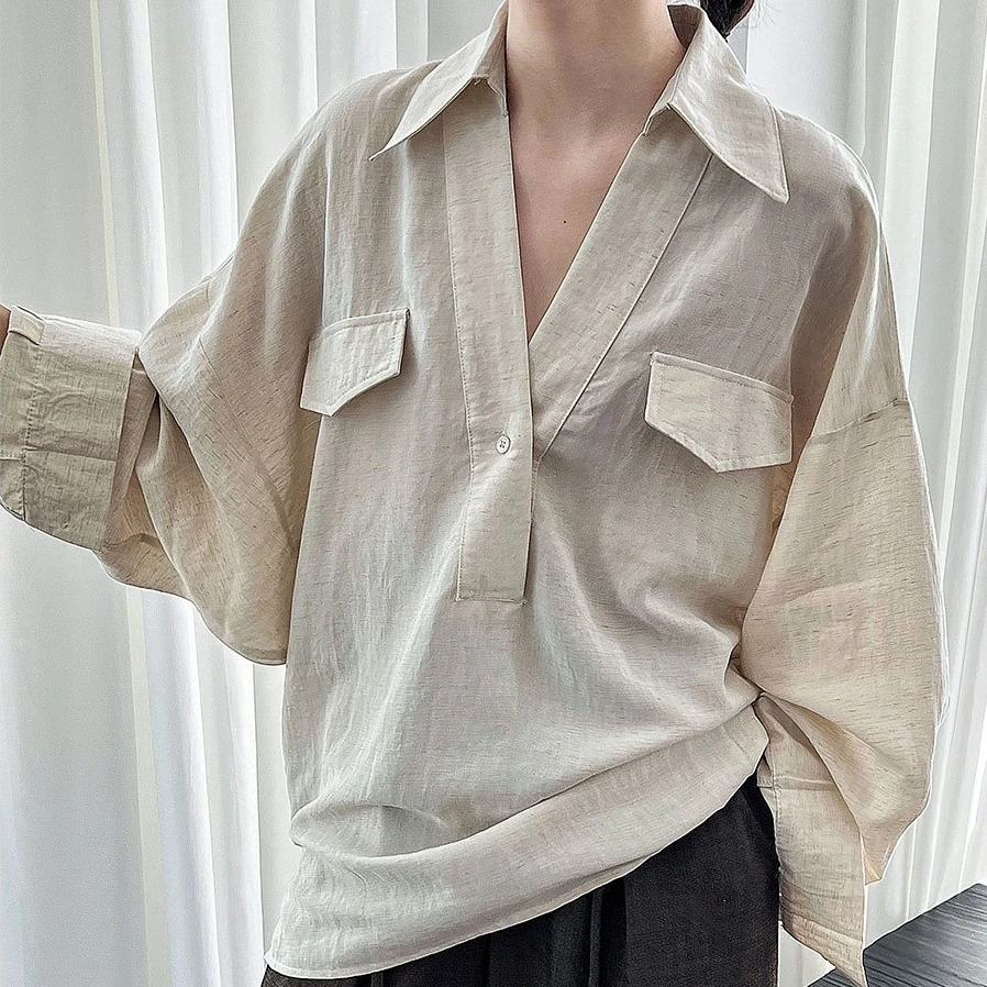Women Blouses Solid Shirts Long Sleeves Pocket Button V Neck Slight Strech Wide Waisted Loose Fit Casual Office Lady 2026 Autumn
Women Blouses Solid Shirts Long Sleeves Pocket Button V Neck Slight Strech Wide Waisted Loose Fit Casual Office Lady 2026 Autumn