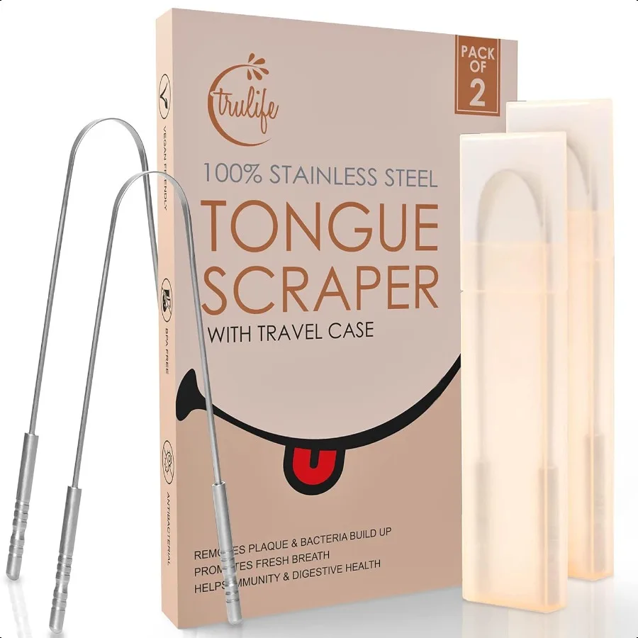 TruLife Tongue Scraper Tongue Cleaner Surgical Grade Stainless Steel 2 Pack Reduce Bad Breath (Travel Cases Included) Metal Ton 
TruLife Tongue Scraper Tongue Cleaner Surgical Grade Stainless Steel 2 Pack Reduce Bad Breath (Travel Cases Included) Metal Ton