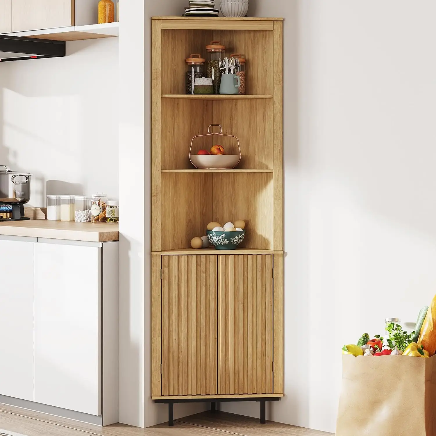 Modern Farmhouse Corner Cabinet With Fluted Doors, Tall Storage Unit With Adjustable Shelves And Six Tier Design, Space Saving Corner Pantry For Bathroom Kitchen Living Room, Natural Oak Color
Modern Farmhouse Corner Cabinet With Fluted Doors, Tall Storage Unit With Adjustable Shelves And Six Tier Design, Space Saving Corner Pantry For Bathroom Kitchen Living Room, Natural Oak Color