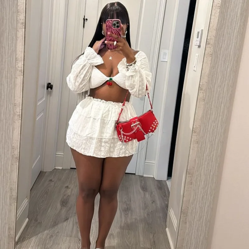 Women Fashion 2 Piece Set Knitted Cherry Decor Off Shoulder Long Sleeve Crop Tops + Ruffles Mini Cake Skirts Streetwear Suits
Women Fashion 2 Piece Set Knitted Cherry Decor Off Shoulder Long Sleeve Crop Tops + Ruffles Mini Cake Skirts Streetwear Suits