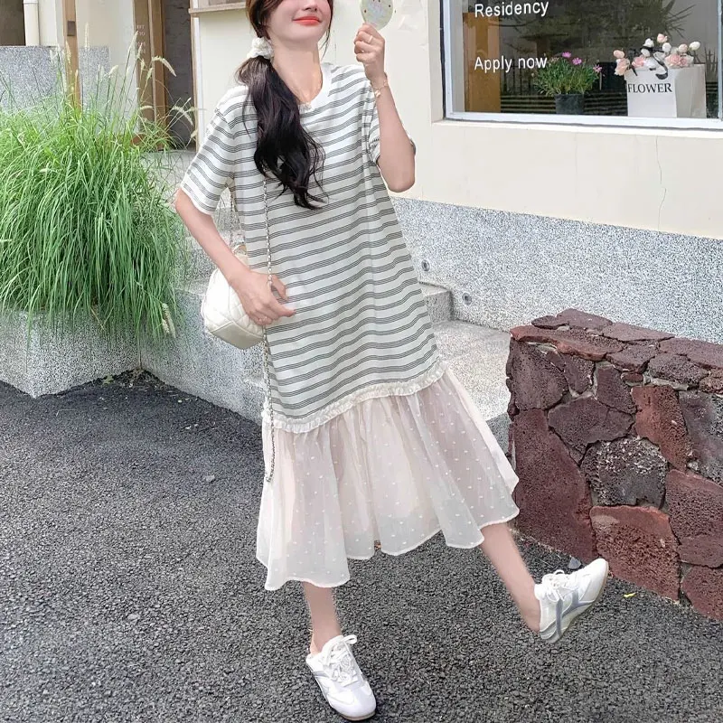 Fashion Gauze Patchwork Long Dress Women's Clothing Korean Striped Summer Round Neck Vintage Casual Loose Short Sleeve Dresses
Fashion Gauze Patchwork Long Dress Women's Clothing Korean Striped Summer Round Neck Vintage Casual Loose Short Sleeve Dresses