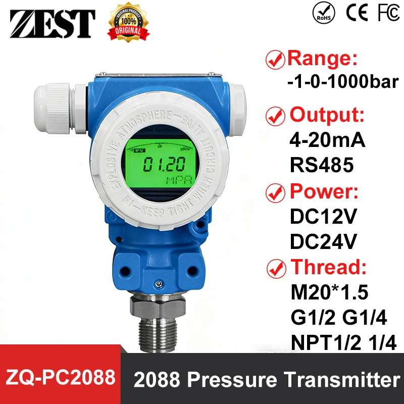 ZQ-PC2088 Pressure Transmitter -1-0-1000bar Input 4-20mA Output pressure device Oil Water Gas Liquid Air Pressure Transducer
ZQ-PC2088 Pressure Transmitter -1-0-1000bar Input 4-20mA Output pressure device Oil Water Gas Liquid Air Pressure Transducer