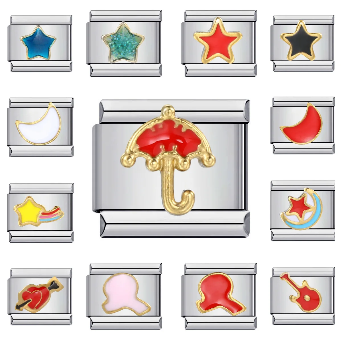 "Stainless Steel 9mm Moon Star Heart Umbrella Designs Italian Charm Links Fashion DIY Bracelet Jewelry for Women Men Gift New"
"Stainless Steel 9mm Moon Star Heart Umbrella Designs Italian Charm Links Fashion DIY Bracelet Jewelry for Women Men Gift New"