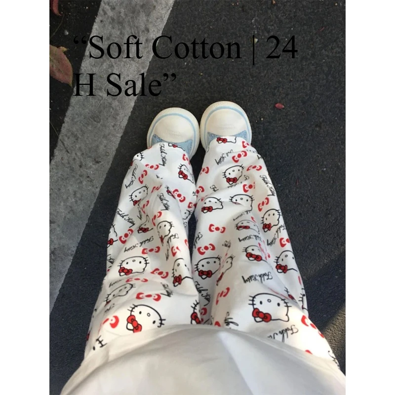 Hello Kitty Pants Women 2024 Summer White Cute Cat Print High Waist Loose Casual Trousers Kawaii Cotton Breathable Streetwear
Hello Kitty Pants Women 2024 Summer White Cute Cat Print High Waist Loose Casual Trousers Kawaii Cotton Breathable Streetwear