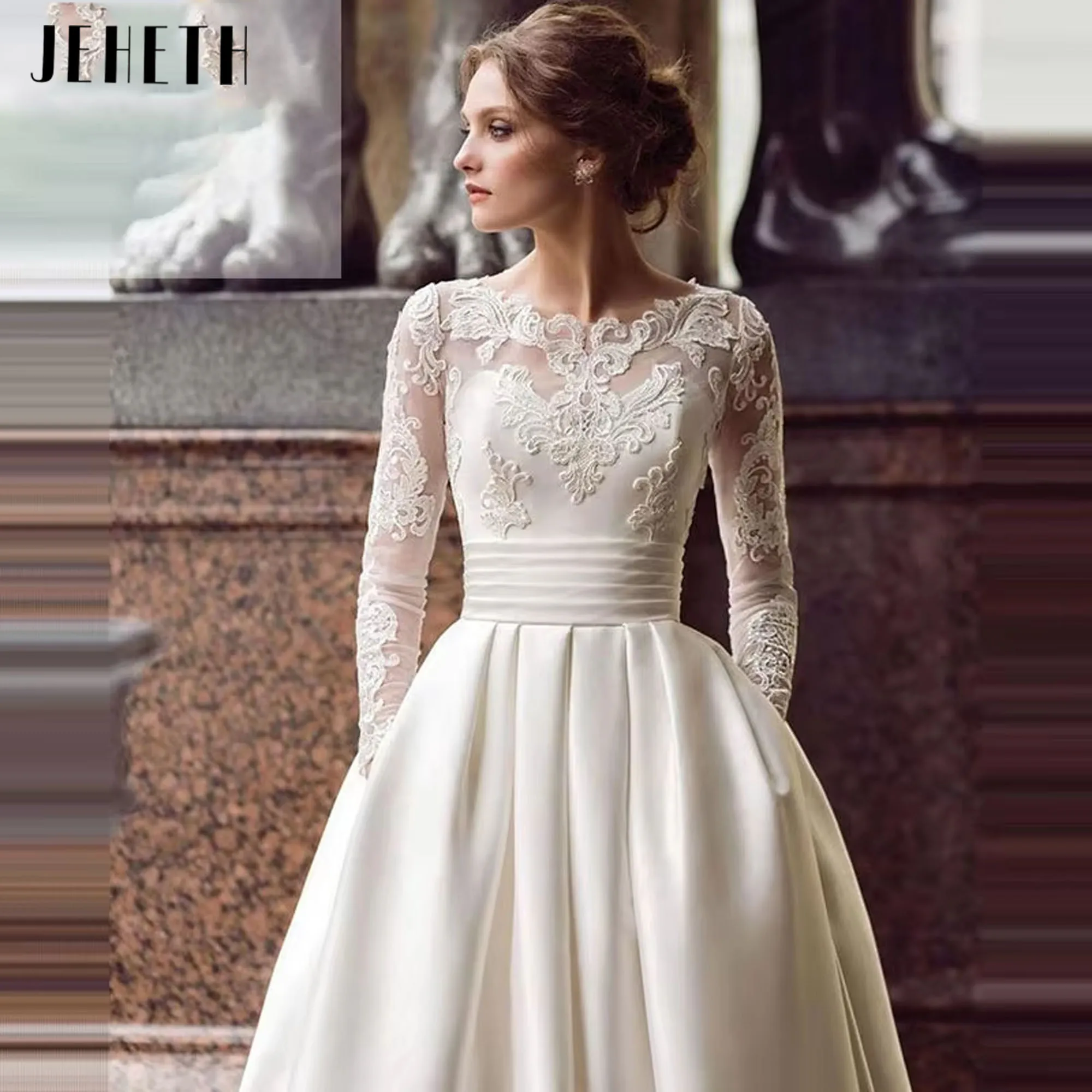 JEHETH Luxury Satin Sexy Elegant A-line Skirt Long Sleeve Lace Stickers with Pocket, 2025 Best Seller Wedding Dress Customized
JEHETH Luxury Satin Sexy Elegant A-line Skirt Long Sleeve Lace Stickers with Pocket, 2025 Best Seller Wedding Dress Customized 