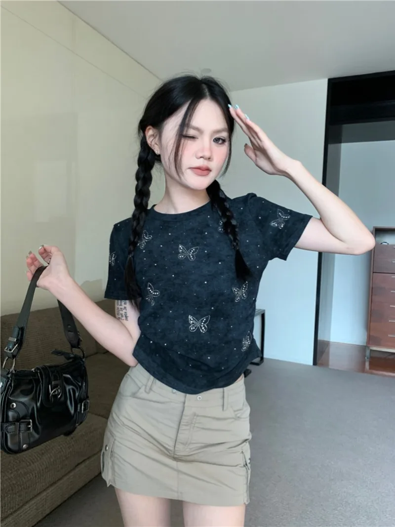 Butterfly Rhinestone O-neck Short T-shirt Women's Spring and Summer Short-sleeved Slim-fit Top&Tee Fashion Female Clothes
Butterfly Rhinestone O-neck Short T-shirt Women's Spring and Summer Short-sleeved Slim-fit Top&Tee Fashion Female Clothes