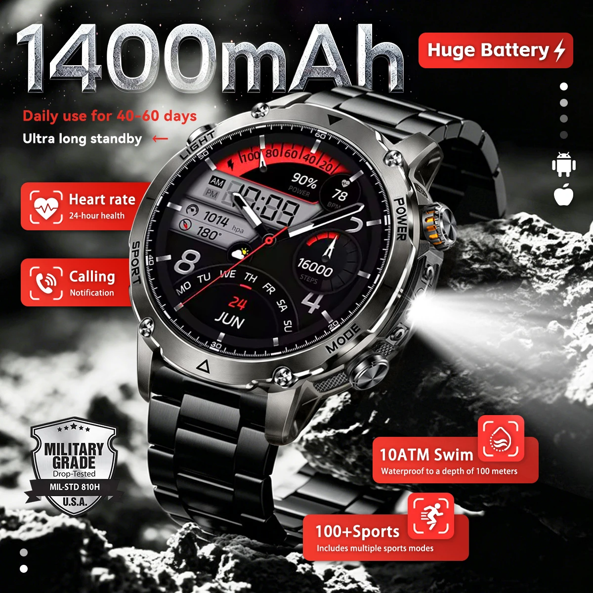 Newly Military ULtra 1400mAh Huge Battery SmartWatch Two Flashlight 10ATM Waterproof HD Call 1.73“ AMOLED 100+Sports Smart watch
Newly Military ULtra 1400mAh Huge Battery SmartWatch Two Flashlight 10ATM Waterproof HD Call 1.73“ AMOLED 100+Sports Smart watch